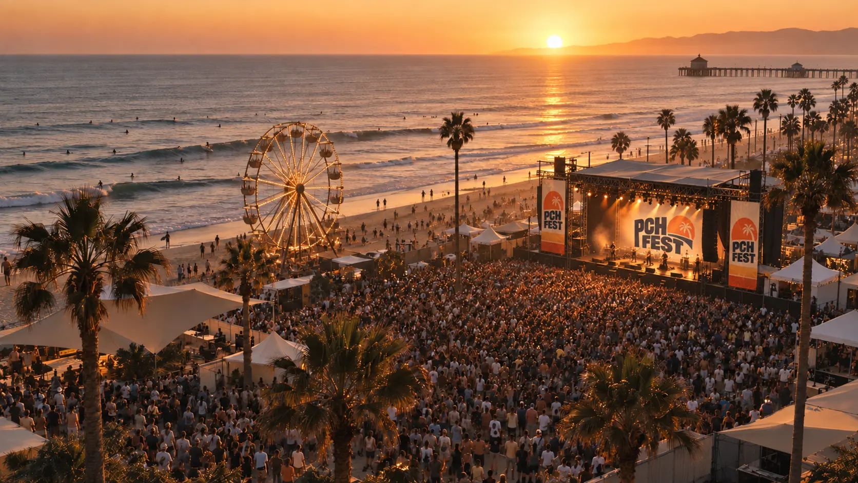 Large beach music festival crowd at sunset in Huntington Beach